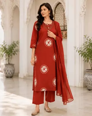 Red Printed Cotton Kurta Set 1