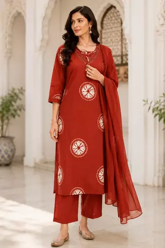 Red Printed Cotton Kurta Set