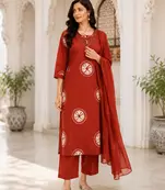 Red Printed Cotton Kurta Set