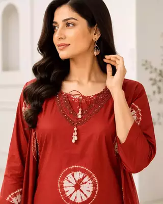 Red Printed Cotton Kurta Set 2