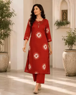 Red Printed Cotton Kurta Set 3