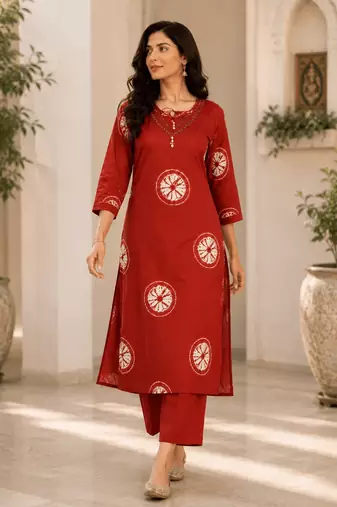 Red Printed Cotton Kurta Set