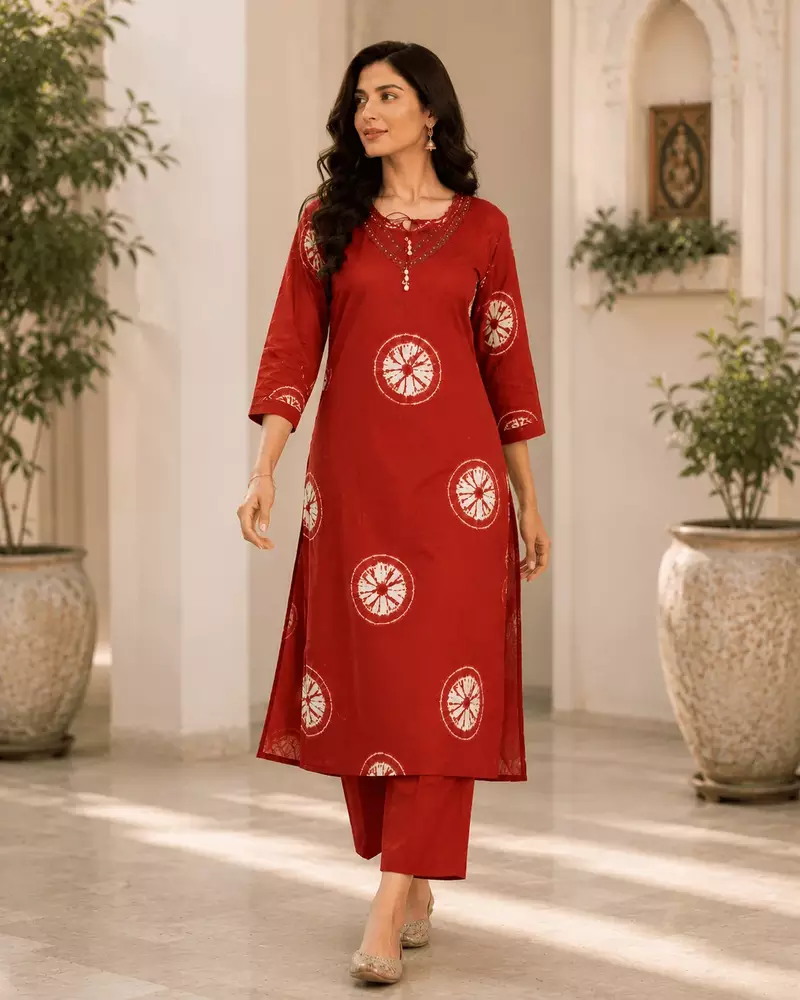 Red Printed Cotton Kurta Set