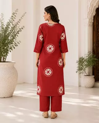 Red Printed Cotton Kurta Set 4