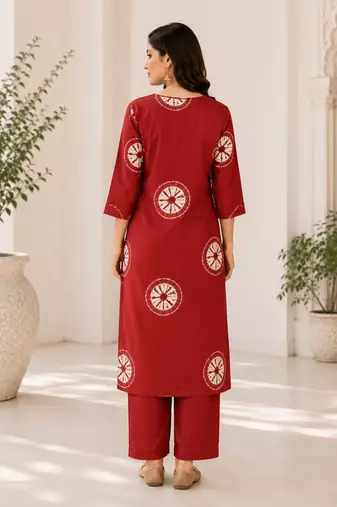 Red Printed Cotton Kurta Set