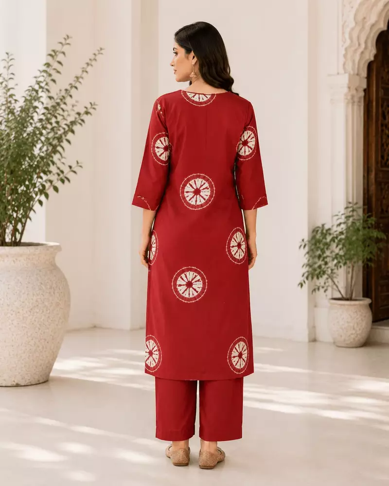 Red Printed Cotton Kurta Set