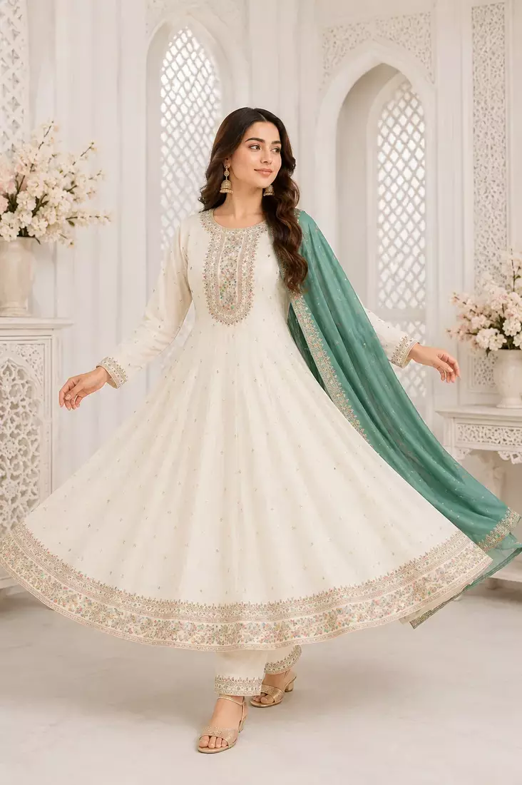 White Floral Embroidered Anarkali Frock Suit with Teal Dupatta