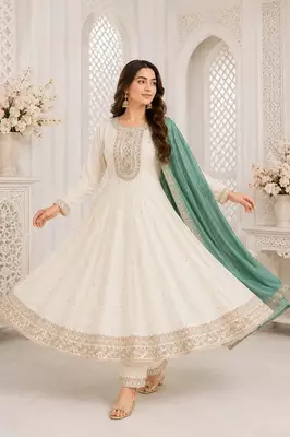 White Floral Embroidered Anarkali Frock Suit with Teal Dupatta 1