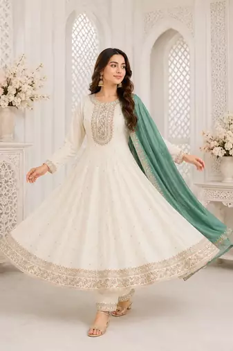 White Floral Embroidered Anarkali Frock Suit with Teal Dupatta