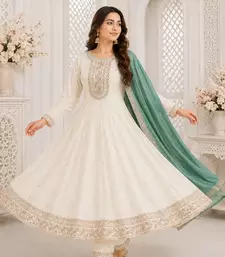 White Floral Embroidered Anarkali Frock Suit with Teal Dupatta