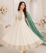 White Floral Embroidered Anarkali Frock Suit with Teal Dupatta
