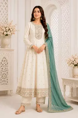 White Floral Embroidered Anarkali Frock Suit with Teal Dupatta 2