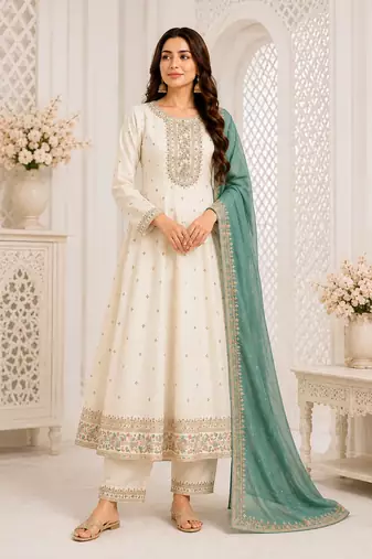 White Floral Embroidered Anarkali Frock Suit with Teal Dupatta