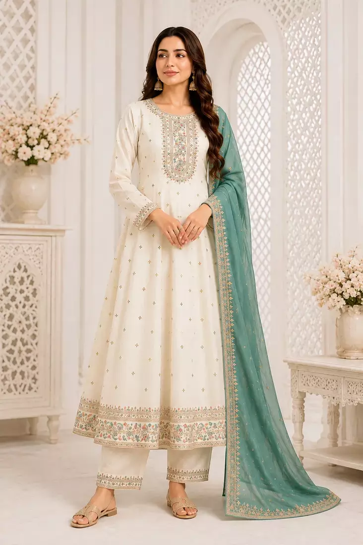 White Floral Embroidered Anarkali Frock Suit with Teal Dupatta