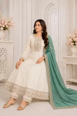 White Floral Embroidered Anarkali Frock Suit with Teal Dupatta 3