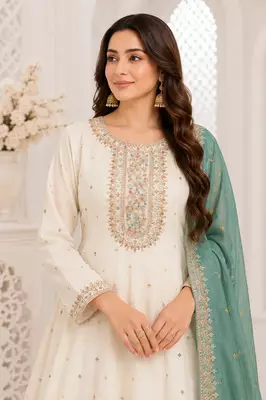 White Floral Embroidered Anarkali Frock Suit with Teal Dupatta 4