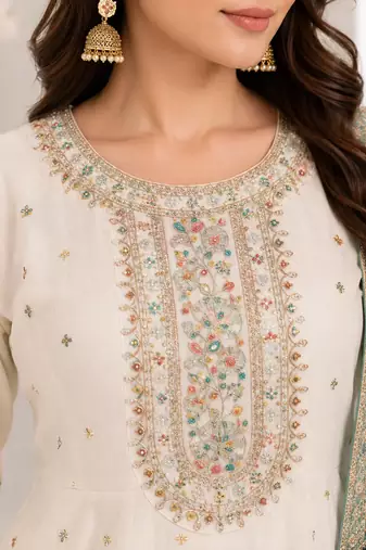White Floral Embroidered Anarkali Frock Suit with Teal Dupatta