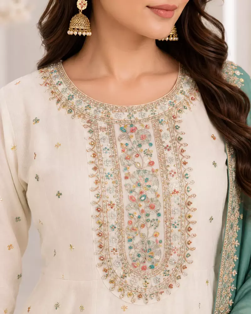 White Floral Embroidered Anarkali Frock Suit with Teal Dupatta