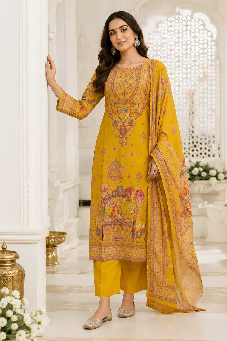 Mustard Heritage Printed Kurta Set
