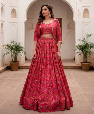 Women Rani Pink Floral Printed Tussar Silk Ready-to-Wear Free Size Lehenga Choli with Jacket Set 1