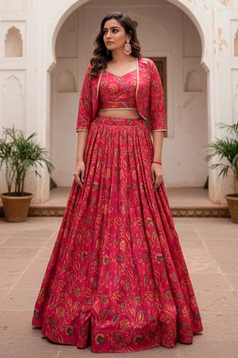 Women Rani Pink Floral Printed Tussar Silk Ready-to-Wear Free Size Lehenga Choli with Jacket Set
