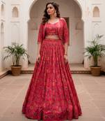 Women Rani Pink Floral Printed Tussar Silk Ready-to-Wear Free Size Lehenga Choli with Jacket Set
