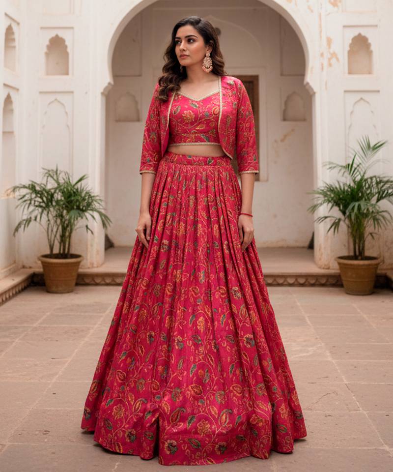 Women Rani Pink Floral Printed Tussar Silk Ready-to-Wear Free Size Lehenga Choli with Jacket Set
