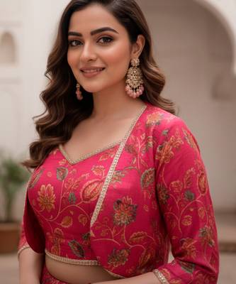 Women Rani Pink Floral Printed Tussar Silk Ready-to-Wear Free Size Lehenga Choli with Jacket Set 2