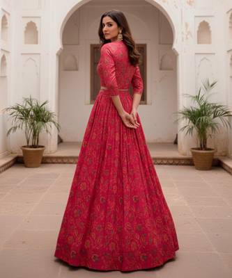 Women Rani Pink Floral Printed Tussar Silk Ready-to-Wear Free Size Lehenga Choli with Jacket Set 3