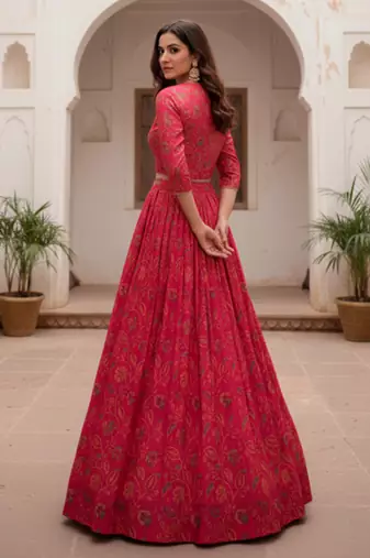 Women Rani Pink Floral Printed Tussar Silk Ready-to-Wear Free Size Lehenga Choli with Jacket Set