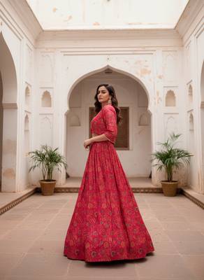 Women Rani Pink Floral Printed Tussar Silk Ready-to-Wear Free Size Lehenga Choli with Jacket Set 4