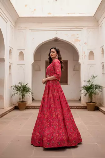 Women Rani Pink Floral Printed Tussar Silk Ready-to-Wear Free Size Lehenga Choli with Jacket Set