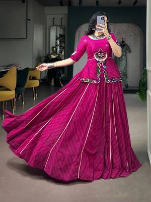 Women Pink Printed Georgette free size Navratri Special Lehenga Choli with Gamthi Mirror Work 1