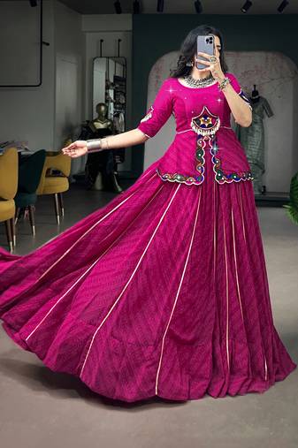 Women Pink Printed Georgette free size Navratri Lehenga Choli with Gamthi Mirror Work