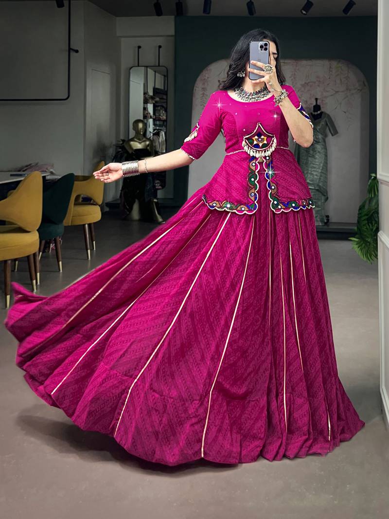 Women Pink Printed Georgette free size Navratri Special Lehenga Choli with Gamthi Mirror Work
