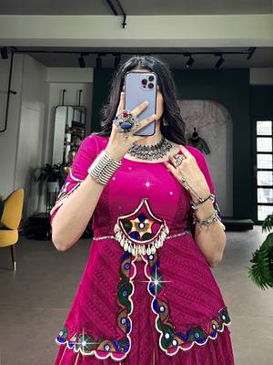 Women Pink Printed Georgette free size Navratri Special Lehenga Choli with Gamthi Mirror Work 2