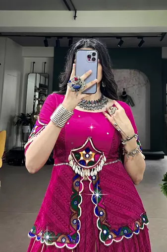 Women Pink Printed Georgette free size Navratri Lehenga Choli with Gamthi Mirror Work