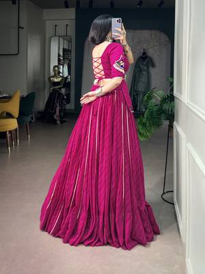 Women Pink Printed Georgette free size Navratri Special Lehenga Choli with Gamthi Mirror Work 3