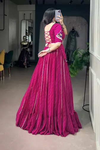 Women Pink Printed Georgette free size Navratri Lehenga Choli with Gamthi Mirror Work
