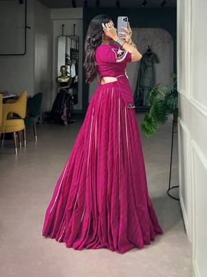 Women Pink Printed Georgette free size Navratri Special Lehenga Choli with Gamthi Mirror Work 4