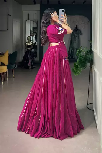 Women Pink Printed Georgette free size Navratri Lehenga Choli with Gamthi Mirror Work