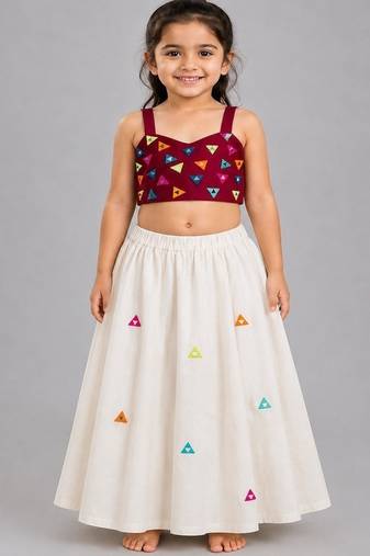 Off white cotton printed  patch work kids lehenga choli