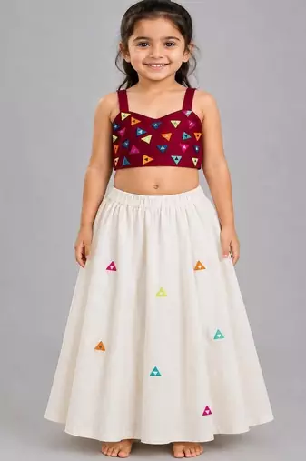 Off white cotton printed  patch work kids lehenga choli