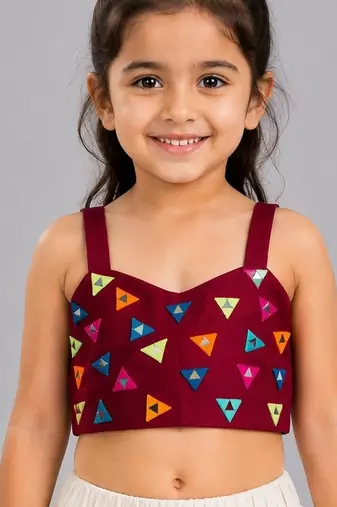 Off white cotton printed  patch work kids lehenga choli