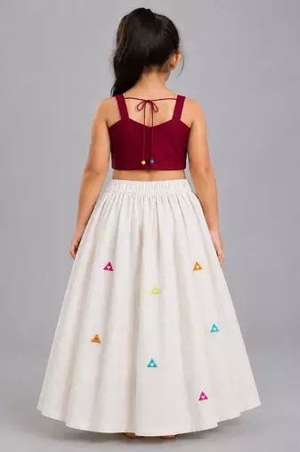 Off white cotton printed  patch work kids lehenga choli