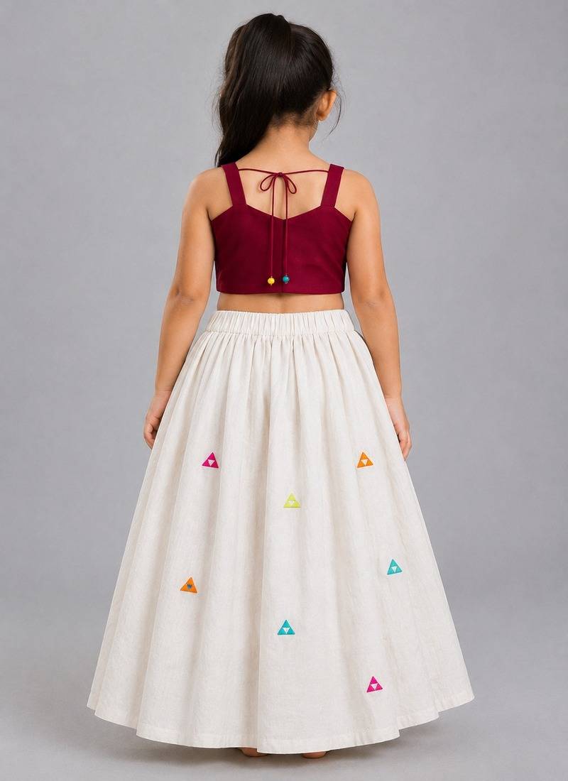 Off white cotton printed  patch work kids lehenga choli