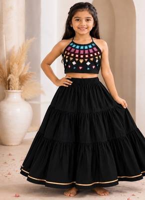 Black cotton embroidered  mirror work kids lehenga choli 1