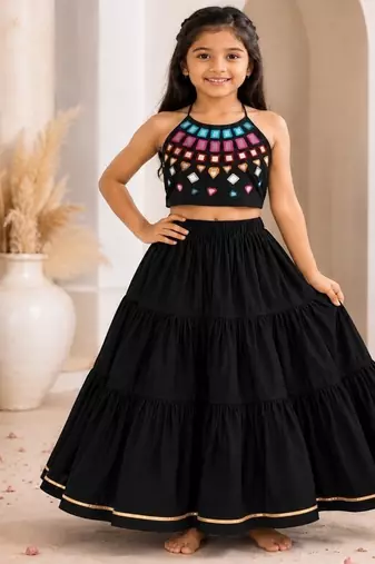 Black cotton embroidered  mirror work kids lehenga choli