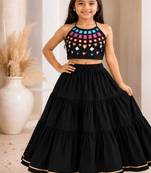 Black cotton embroidered  mirror work kids lehenga choli