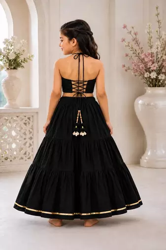 Black cotton embroidered  mirror work kids lehenga choli